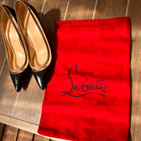 Christian Louboutin Black and Beige Patent Leather Heels - Picture 1 of 9